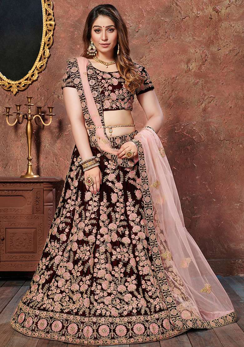 Maroon Embroidered Velvet Lehenga Set for Diwali and Festive Wear - Indya