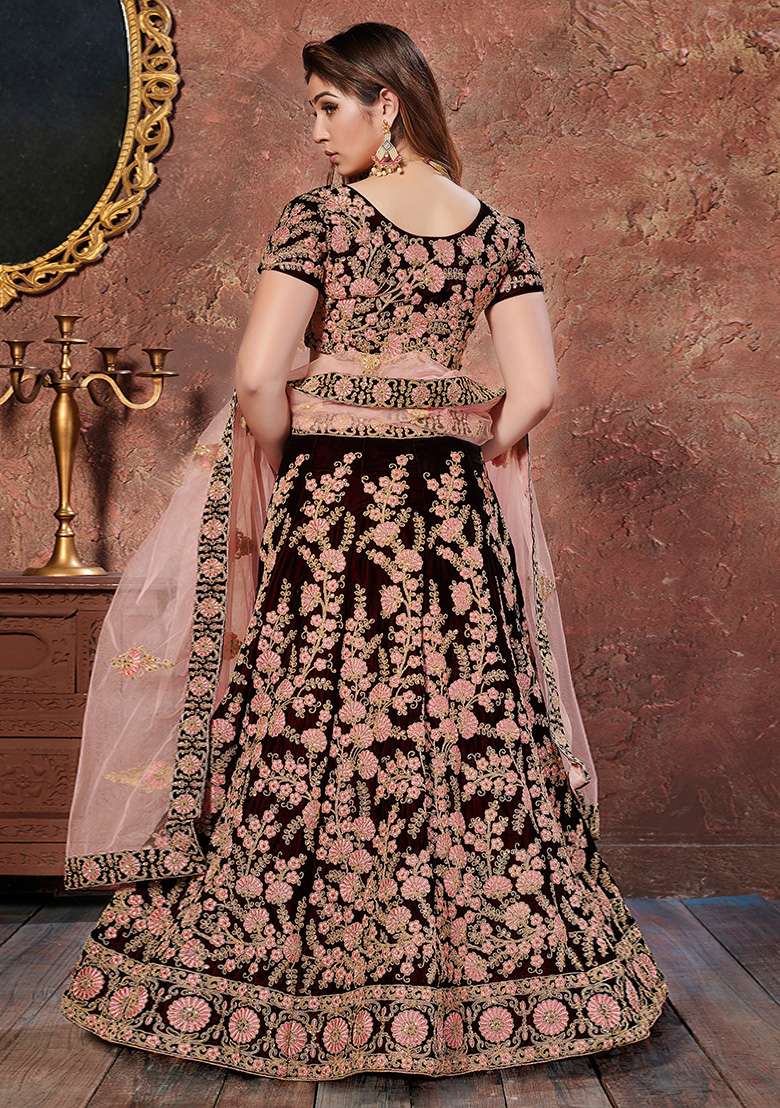 Maroon Embroidered Velvet Lehenga Set for Diwali and Festive Wear - Indya