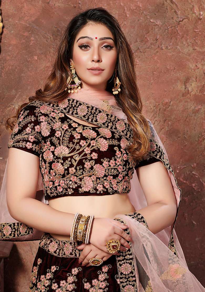 Maroon Embroidered Velvet Lehenga Set for Diwali and Festive Wear - Indya