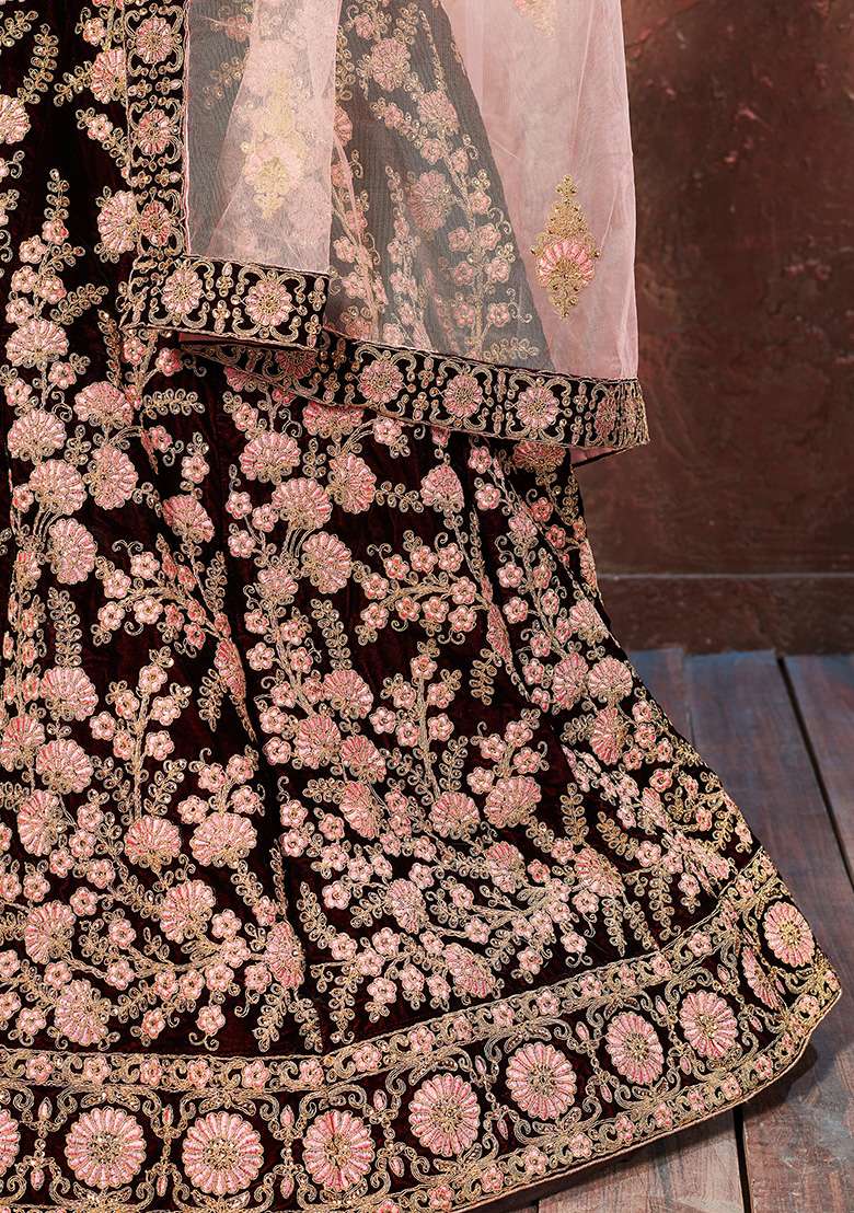 Maroon Embroidered Velvet Lehenga Set for Diwali and Festive Wear - Indya