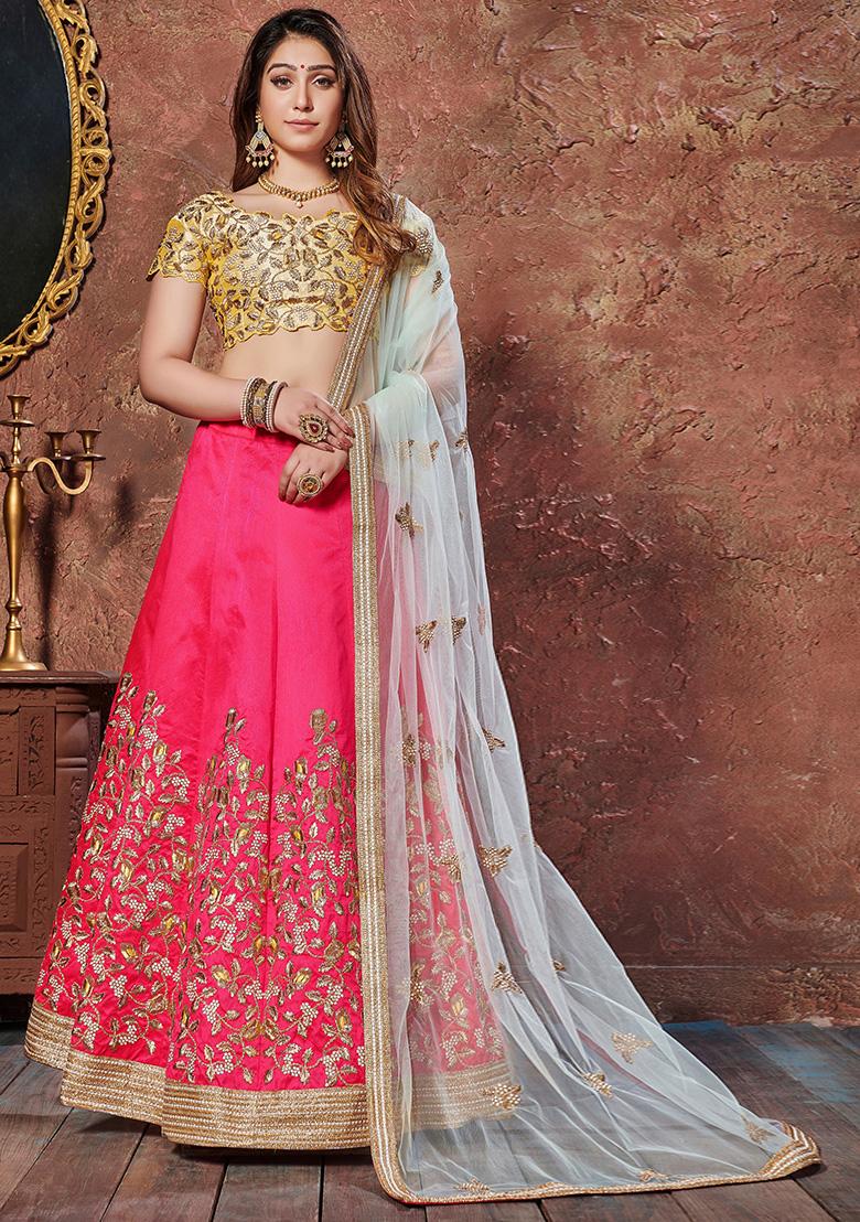 Pink Embroidered Mulberry Silk Lehenga Set