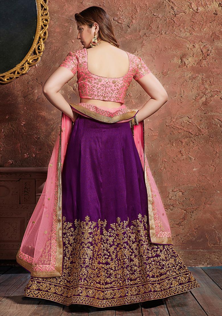 Purple Embroidered Mulberry Silk Lehenga Set
