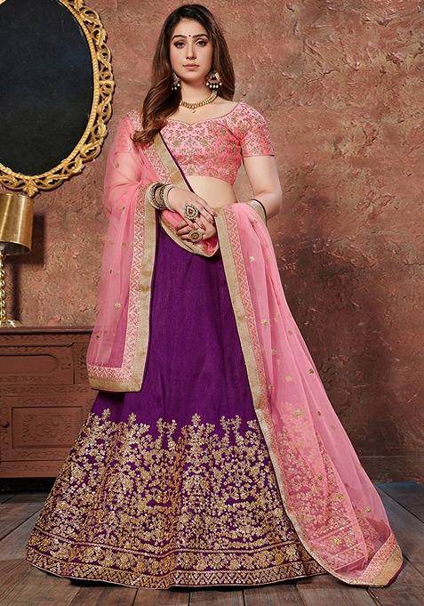 Purple Embroidered Mulberry Silk Lehenga Set