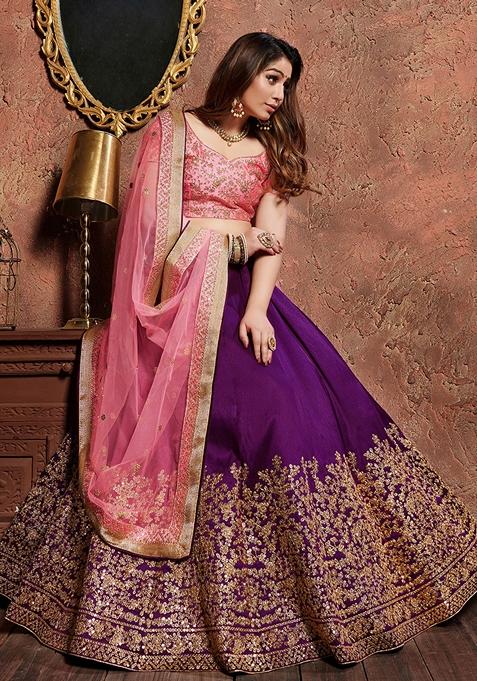 Purple Embroidered Mulberry Silk Lehenga Set