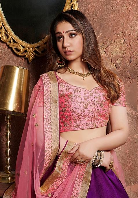 Purple Embroidered Mulberry Silk Lehenga Set