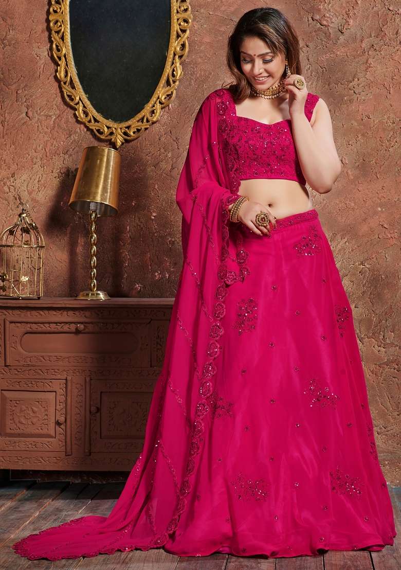 Pink Embroidered Georgette Lehenga Set for Diwali and Festive Wear - Indya