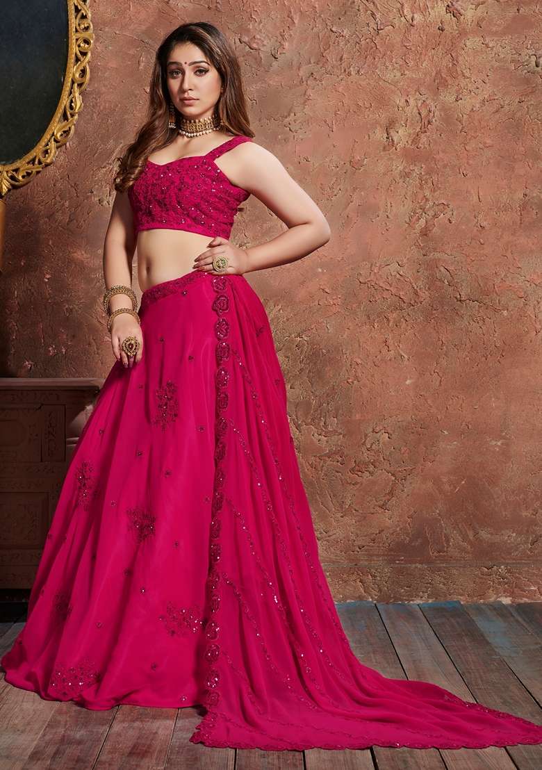 Pink Embroidered Georgette Lehenga Set for Diwali and Festive Wear - Indya
