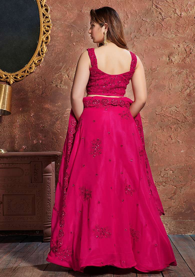 Pink Embroidered Georgette Lehenga Set for Diwali and Festive Wear - Indya