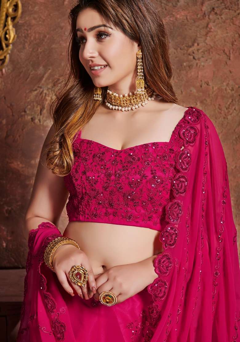 Pink Embroidered Georgette Lehenga Set for Diwali and Festive Wear - Indya