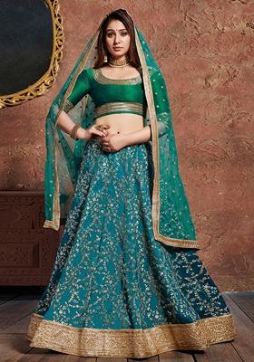 Turquoise Embroidered Art Silk Lehenga Set