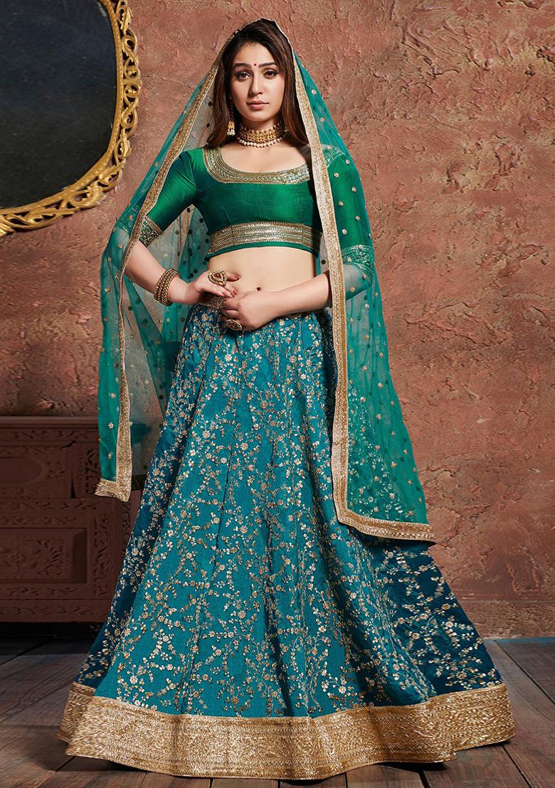 Turquoise Embroidered Art Silk Lehenga Set