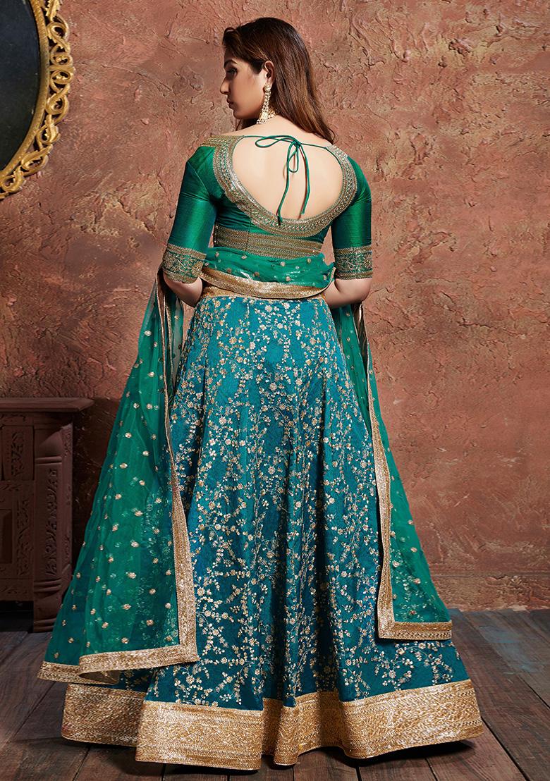 Turquoise Embroidered Art Silk Lehenga Set