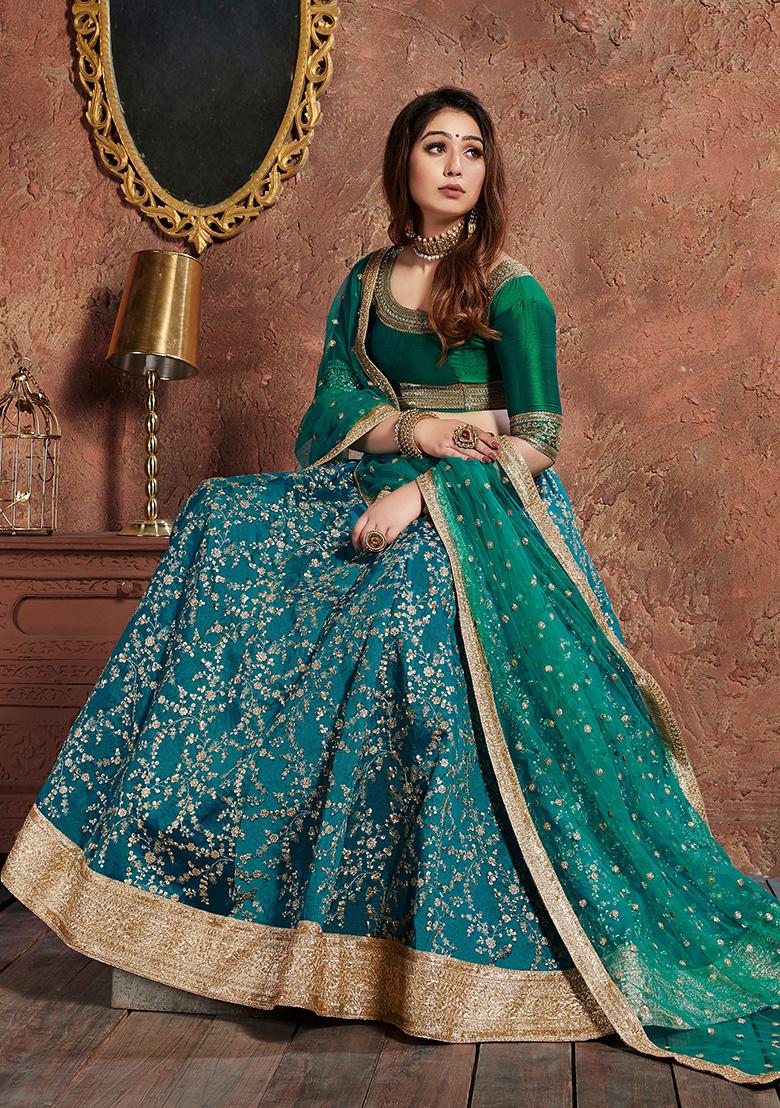 Turquoise Embroidered Art Silk Lehenga Set