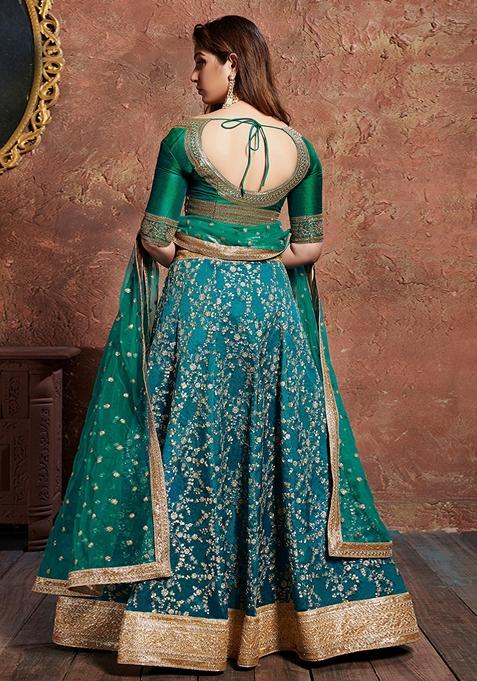 Turquoise Embroidered Art Silk Lehenga Set