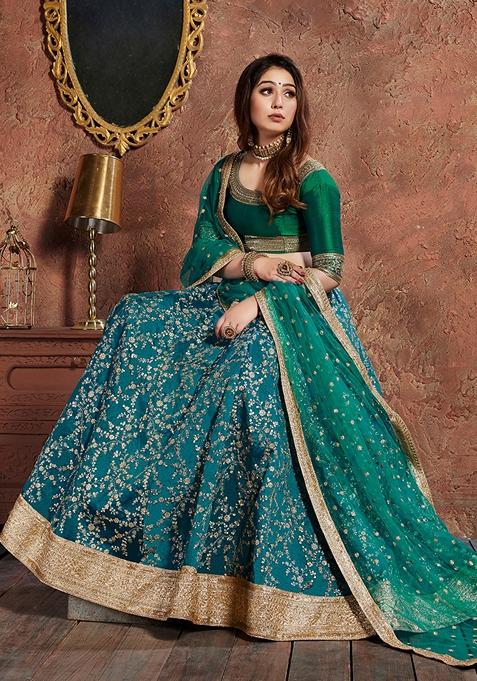 Turquoise Embroidered Art Silk Lehenga Set