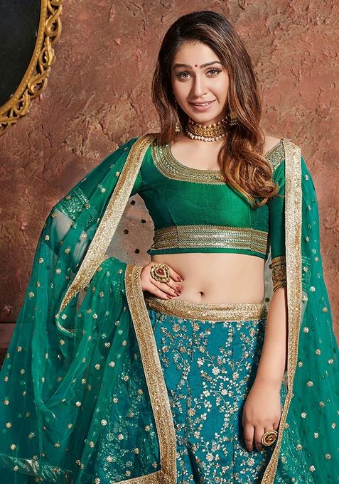 Turquoise Embroidered Art Silk Lehenga Set