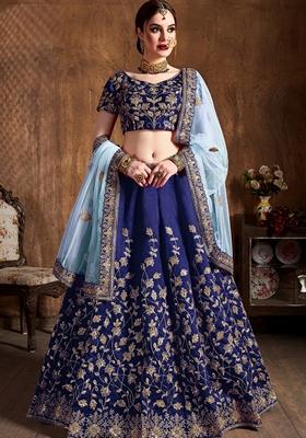 Navy Blue Embroidered Raw Silk Lehenga Set