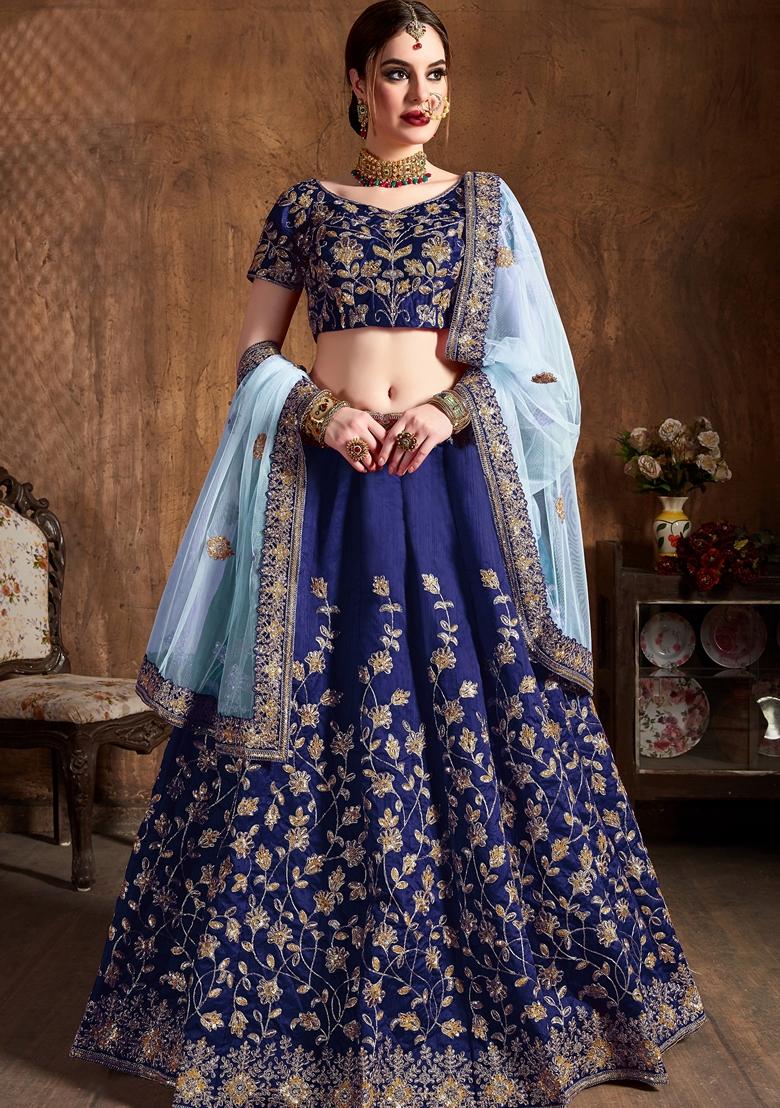 Navy Blue Embroidered Raw Silk Lehenga Set