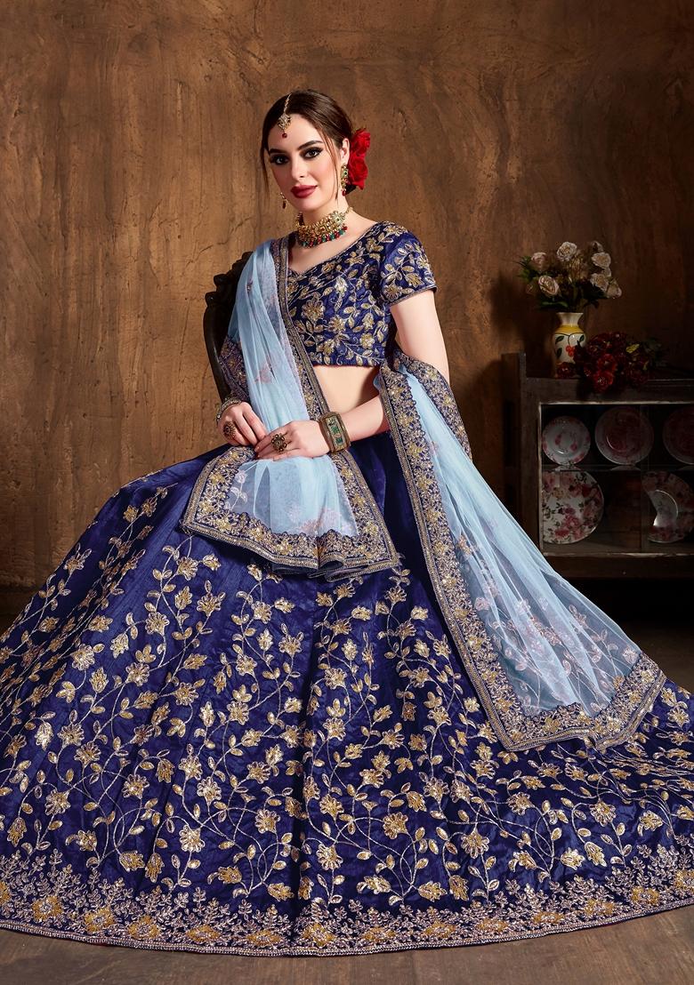 Navy Blue Embroidered Raw Silk Lehenga Set