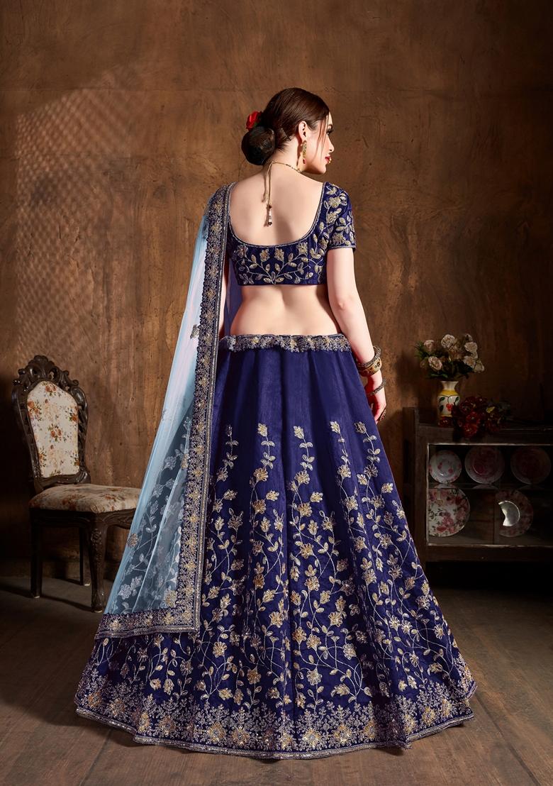 Navy Blue Embroidered Raw Silk Lehenga Set
