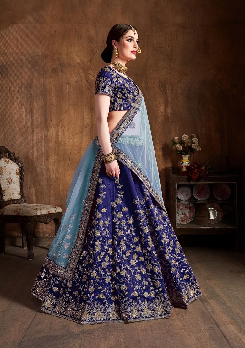 Navy Blue Embroidered Raw Silk Lehenga Set
