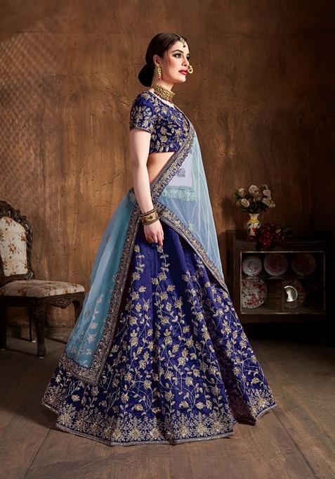 Navy Blue Embroidered Raw Silk Lehenga Set