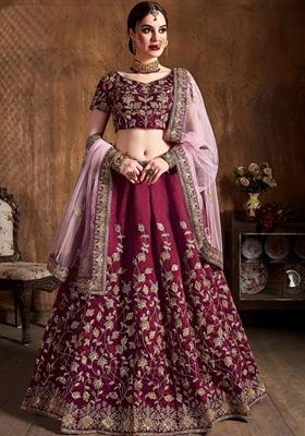 Maroon Embroidered Raw Silk Lehenga Set