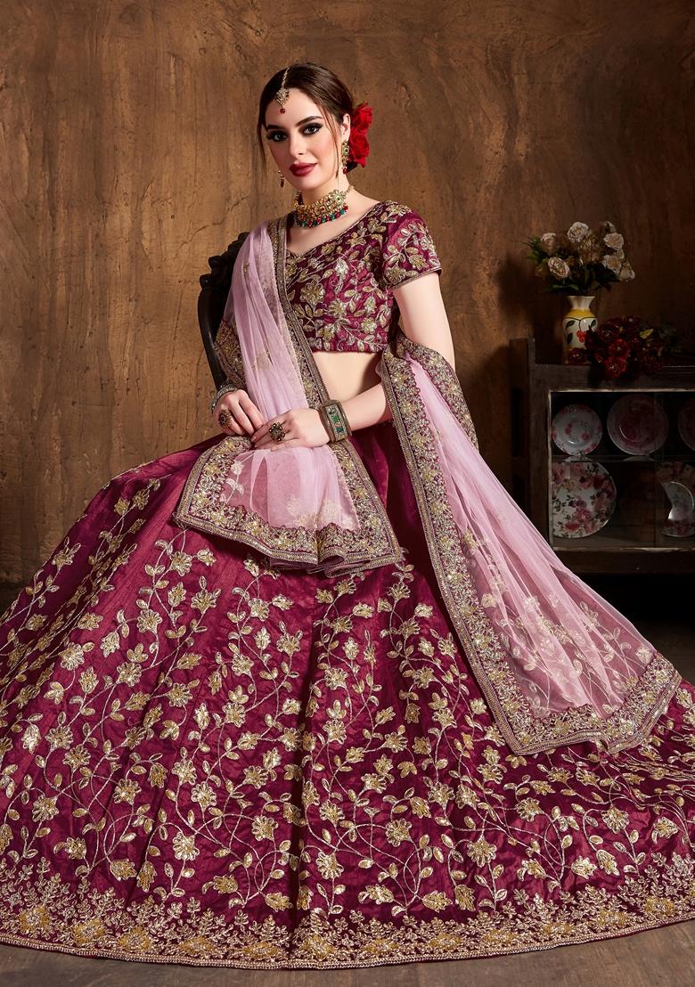 Maroon Embroidered Raw Silk Lehenga Set