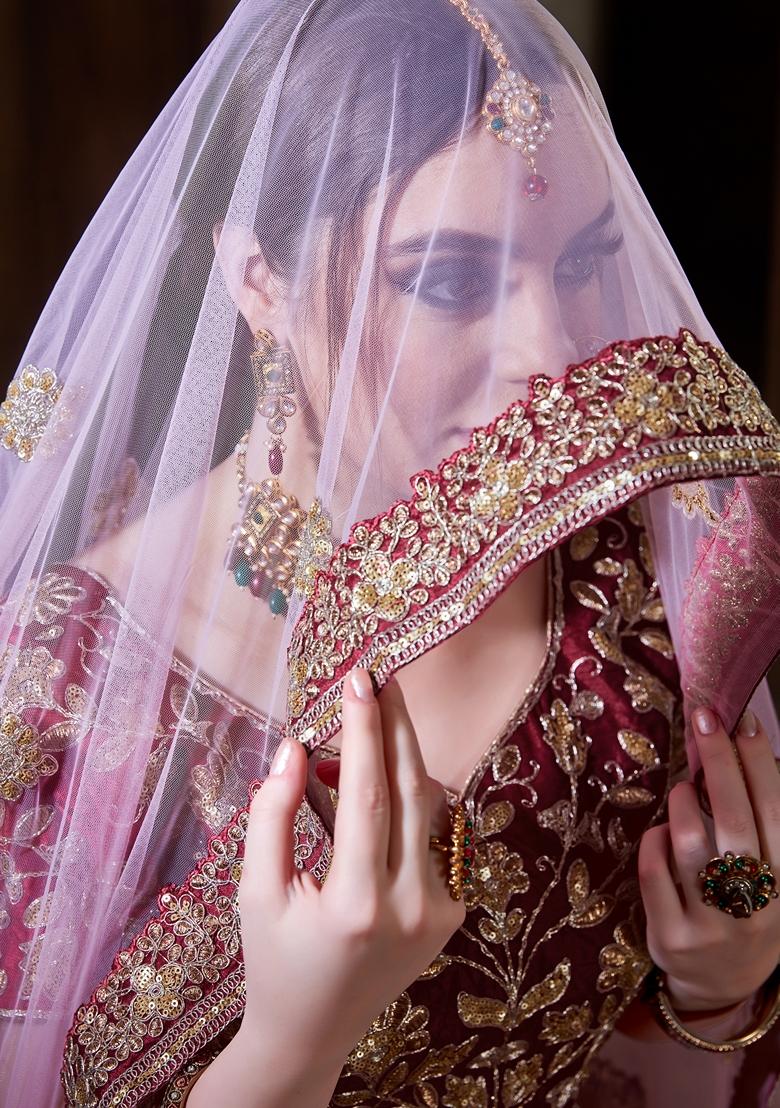 Maroon Embroidered Raw Silk Lehenga Set