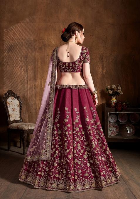 Maroon Embroidered Raw Silk Lehenga Set