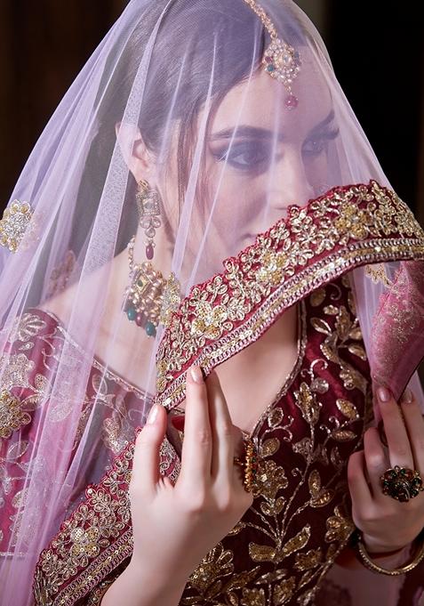 Maroon Embroidered Raw Silk Lehenga Set