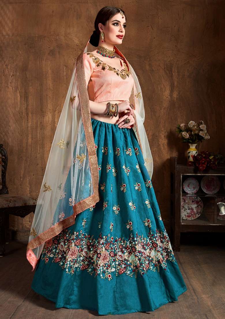 Teal Blue Embroidered Raw Silk Blend Lehenga Set for Diwali and Festive Wear - Indya