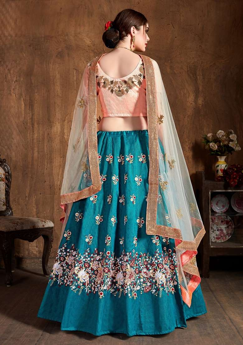 Teal Blue Embroidered Raw Silk Blend Lehenga Set for Diwali and Festive Wear - Indya