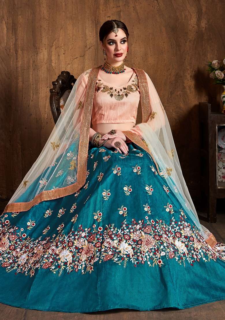 Teal Blue Embroidered Raw Silk Blend Lehenga Set for Diwali and Festive Wear - Indya