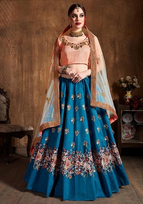 Teal Blue Embroidered Raw Silk Lehenga Set