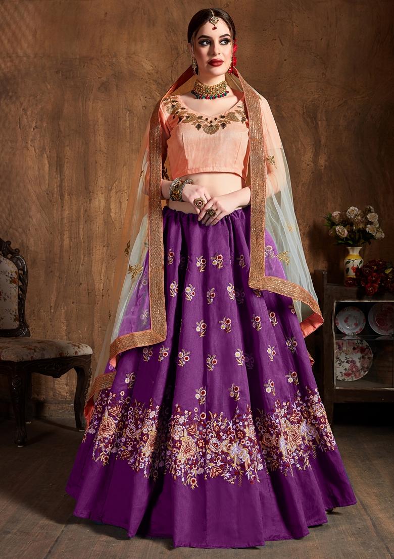 Purple Embroidered Raw Silk Lehenga Set