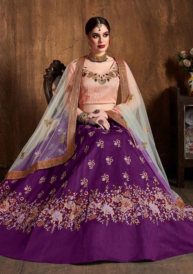 Purple Embroidered Raw Silk Lehenga Set