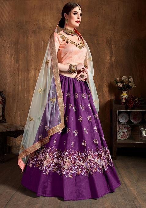 Purple Embroidered Raw Silk Lehenga Set
