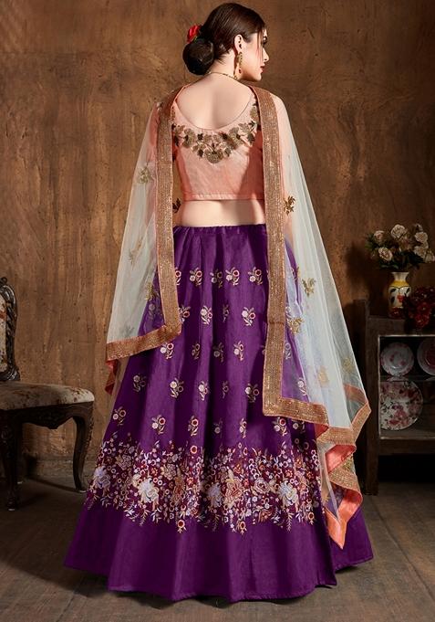 Purple Embroidered Raw Silk Lehenga Set