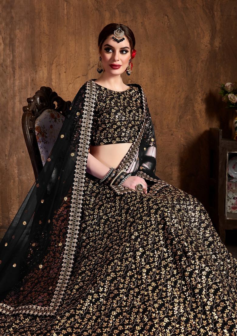 Black Embroidered Raw Silk Lehenga Set