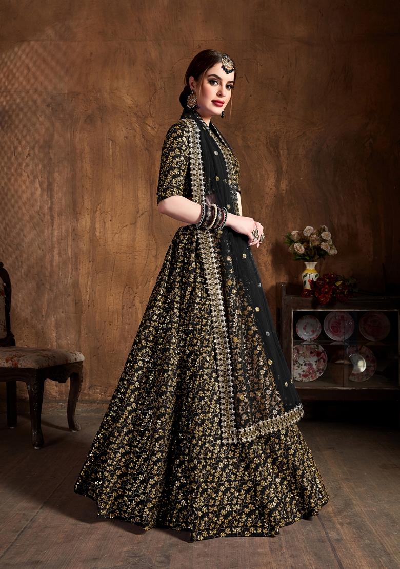 Black Embroidered Raw Silk Lehenga Set