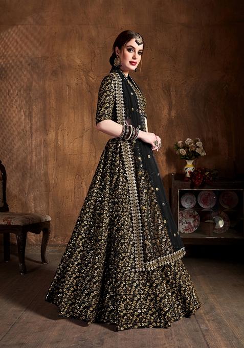 Black Embroidered Raw Silk Lehenga Set