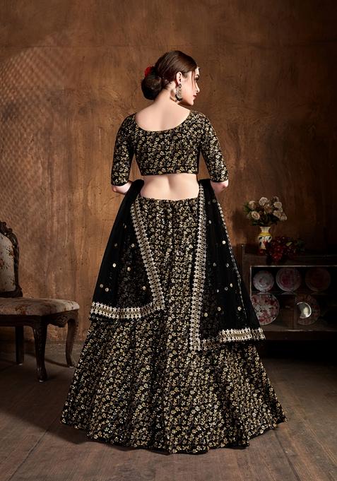 Black Embroidered Raw Silk Lehenga Set