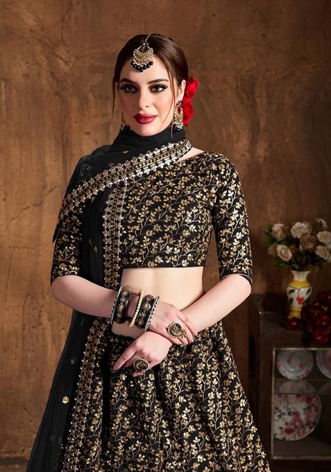 Black Embroidered Raw Silk Lehenga Set