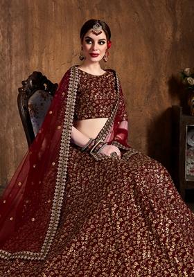 Maroon Embroidered Raw Silk Lehenga Set