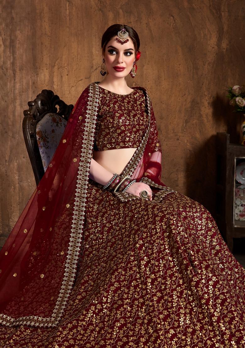 Maroon Embroidered Raw Silk Lehenga Set