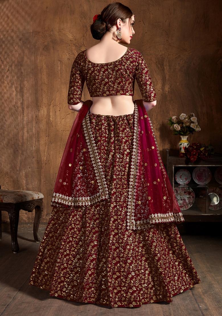 Maroon Embroidered Raw Silk Lehenga Set