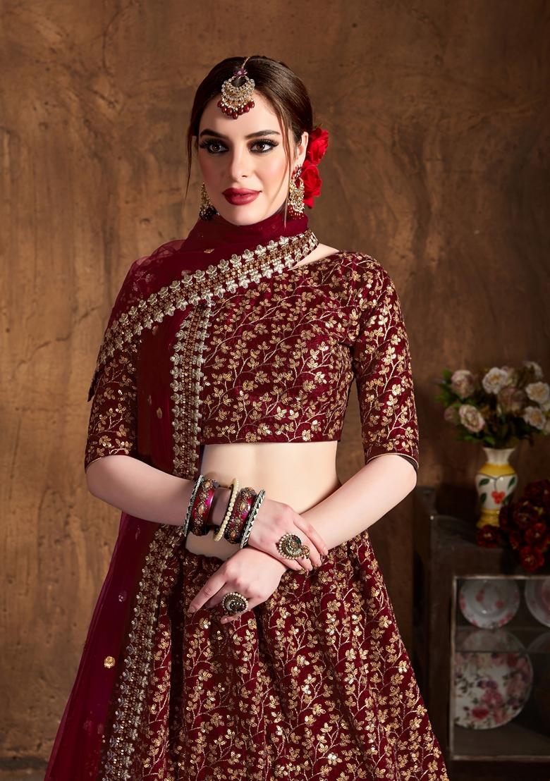 Maroon Embroidered Raw Silk Lehenga Set