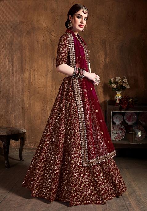 Maroon Embroidered Raw Silk Lehenga Set