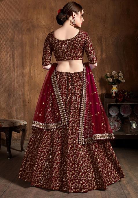 Maroon Embroidered Raw Silk Lehenga Set